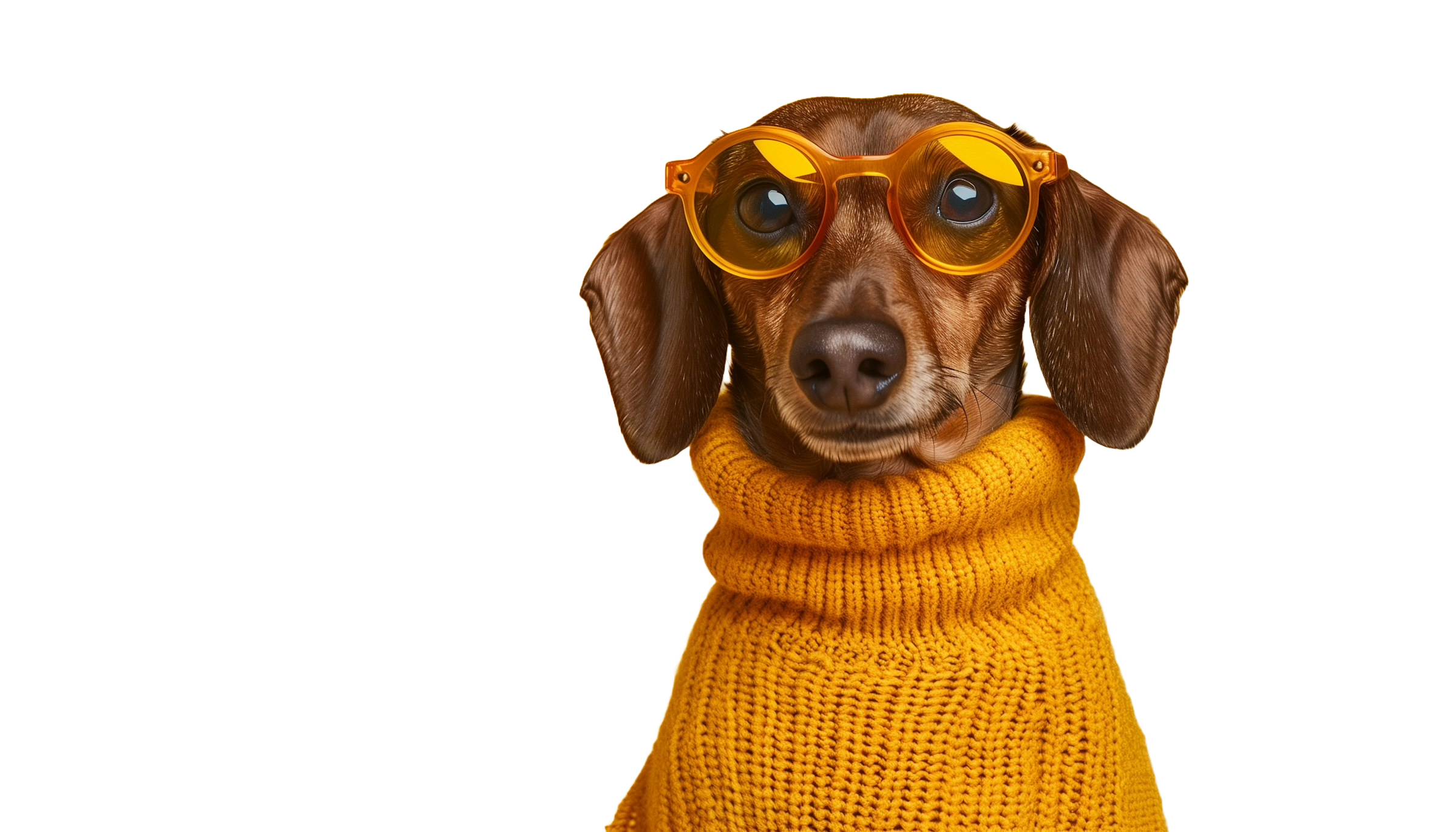A confused dog with a glasses and a knitted sweater.